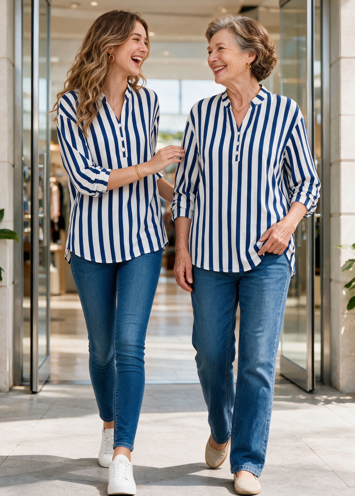 Blue White Stripe Stand Collar Back Pleat Long Sleeve Blouse