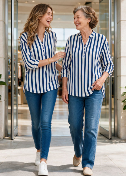 Blue White Stripe Stand Collar Back Pleat Long Sleeve Blouse