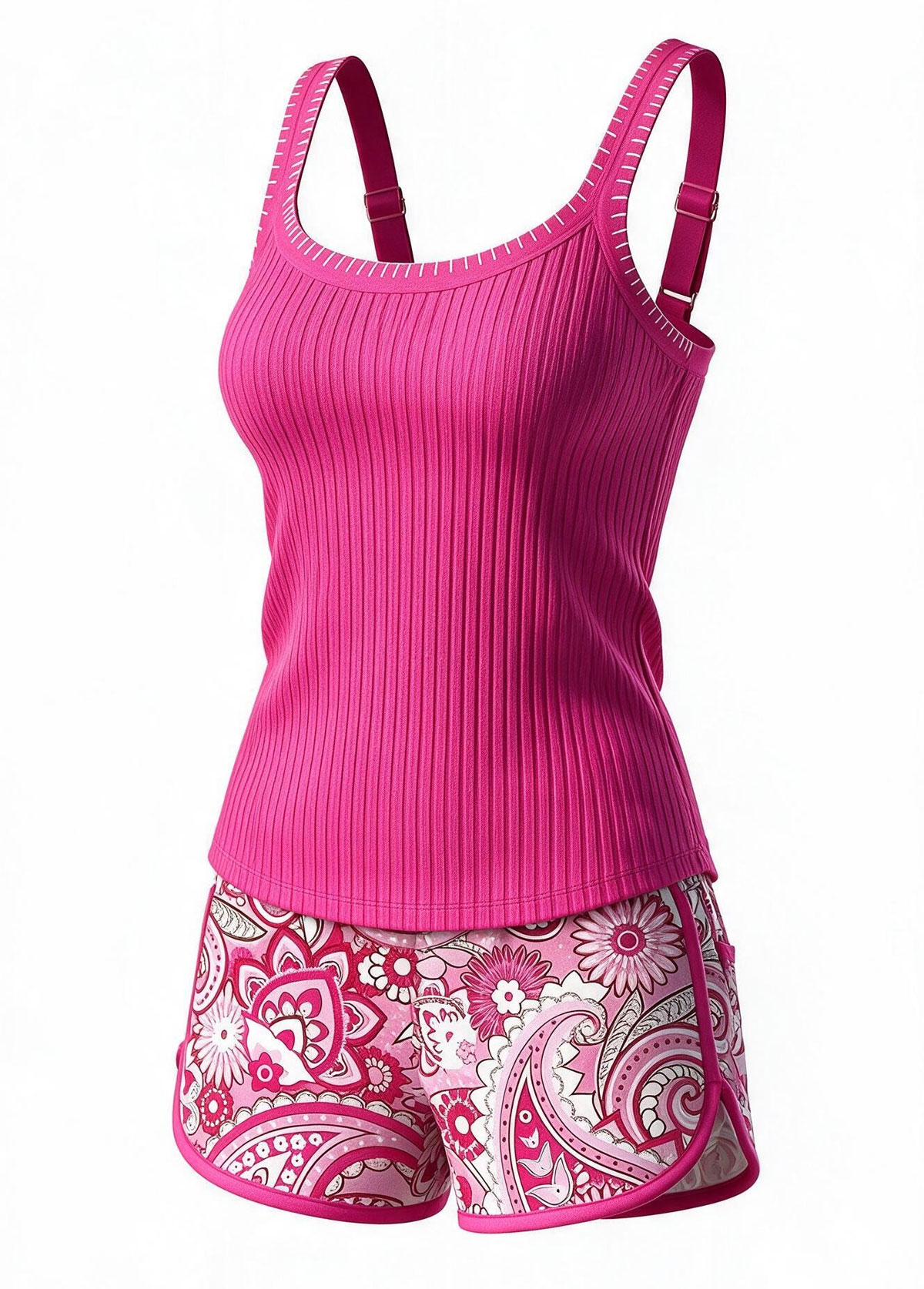Hot Pink Ribbed Scoop Floral Print Two Piece Tankini Set