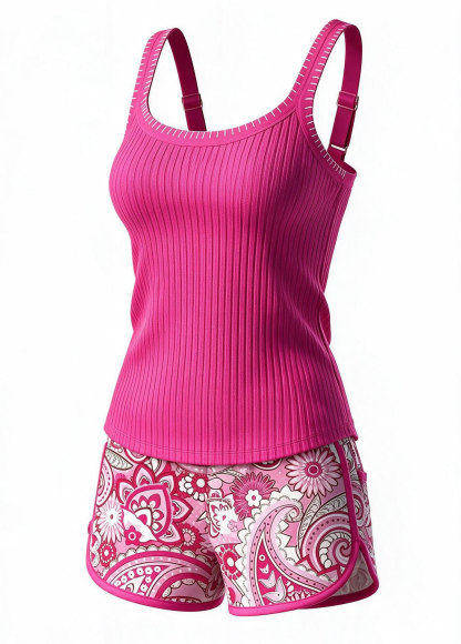 Hot Pink Ribbed Scoop Floral Print Two Piece Tankini Set
