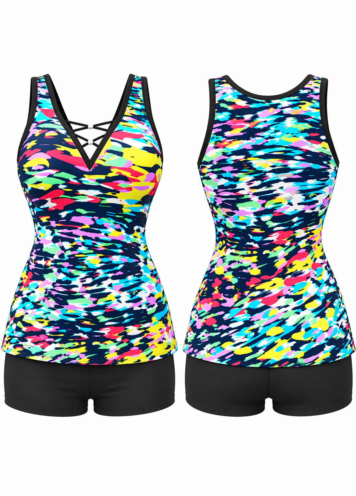 Colorful Abstract Crisscross V Neck Tankini Set
