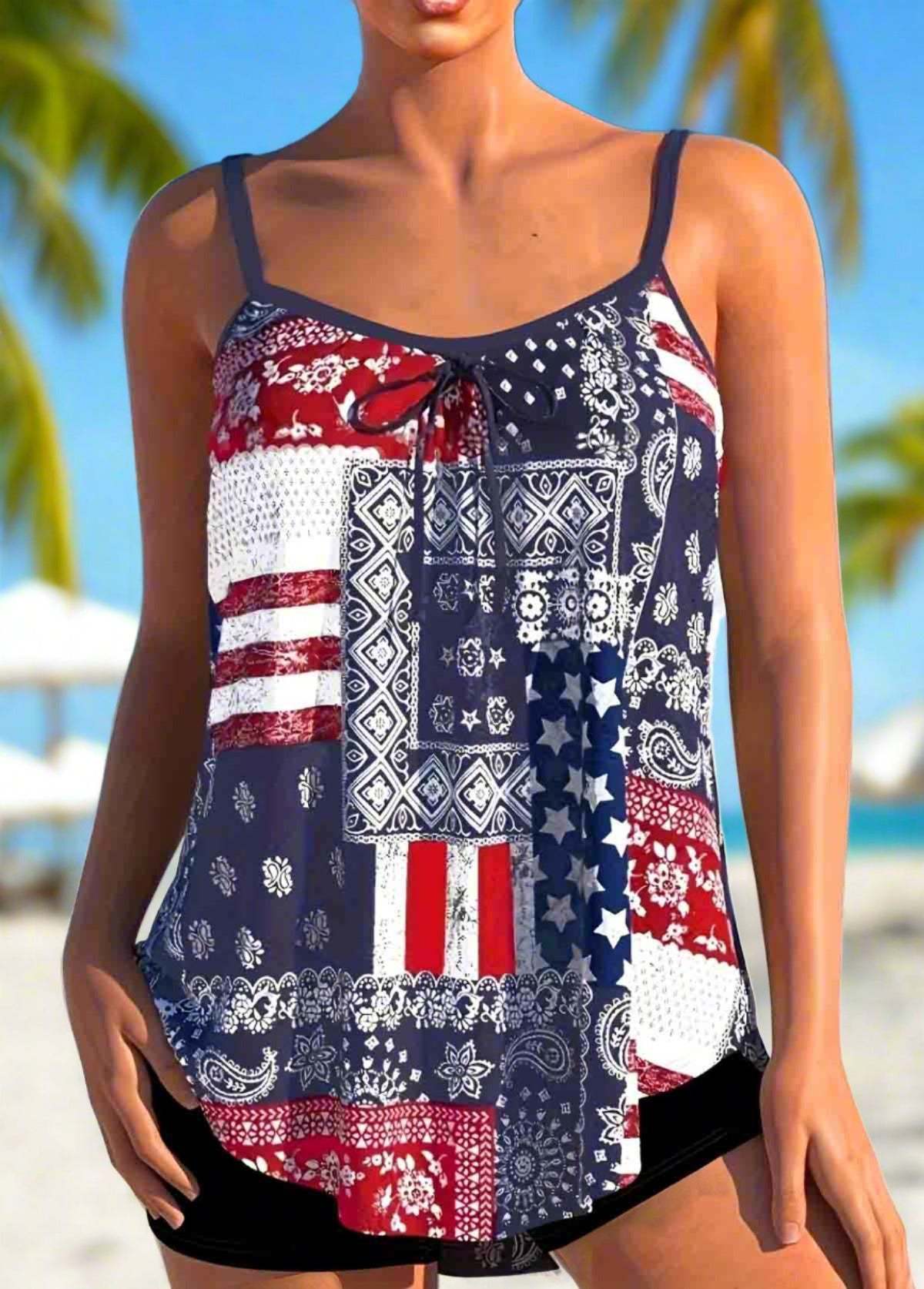 Bowknot American Flag Print Tankini Set