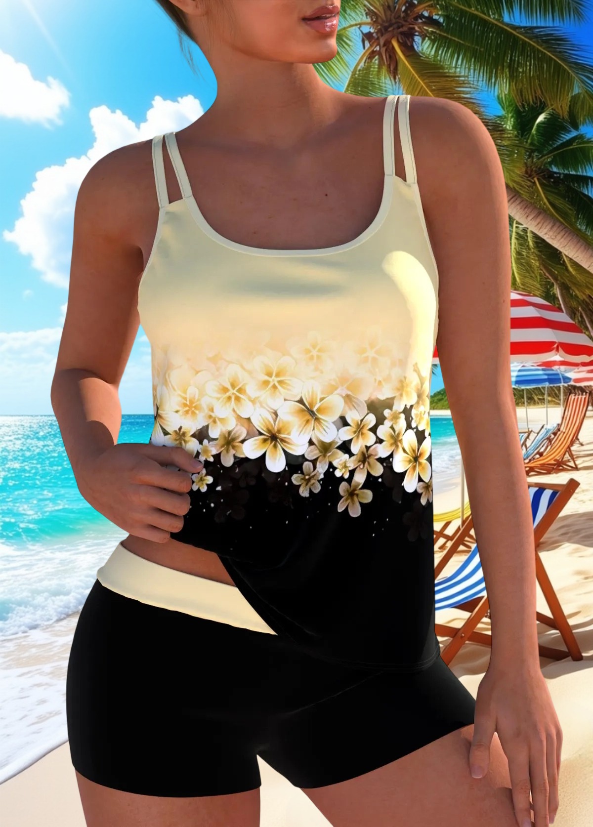 Patchwork Floral Print Light Yellow Tankini Set