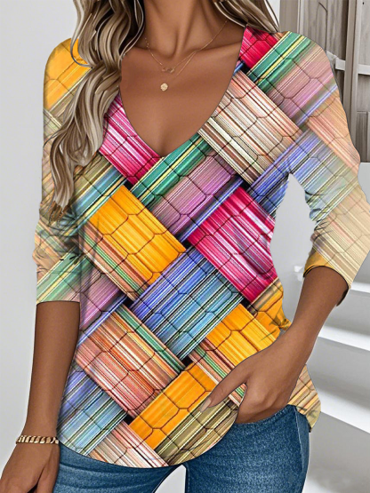 Vintage Geometric V Neck Long Sleeve T-shirt