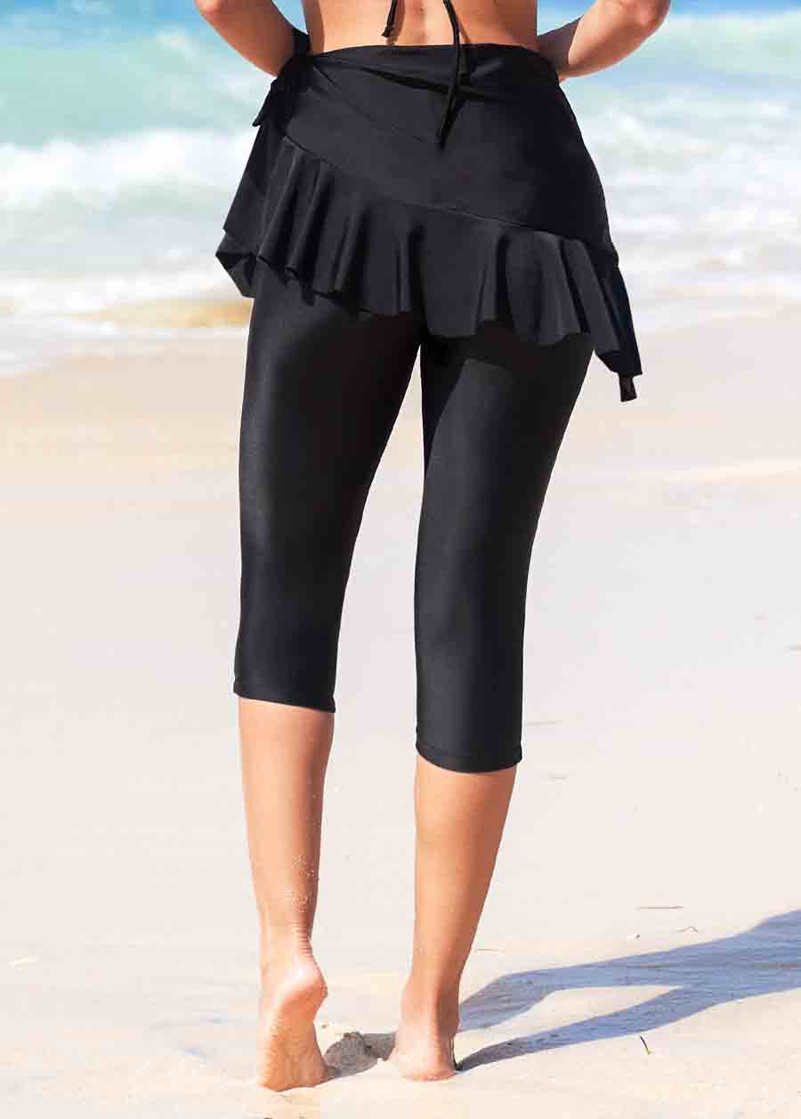 Black Ruffle Wrap Tie Side Capri Swim Leggings