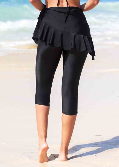 Black Ruffle Wrap Tie Side Capri Swim Leggings