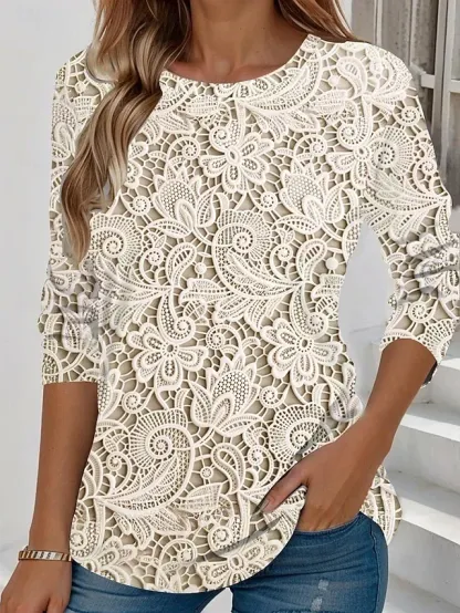 Casual 3D Floral Printing Crew Neck Long Sleeve T-shirt