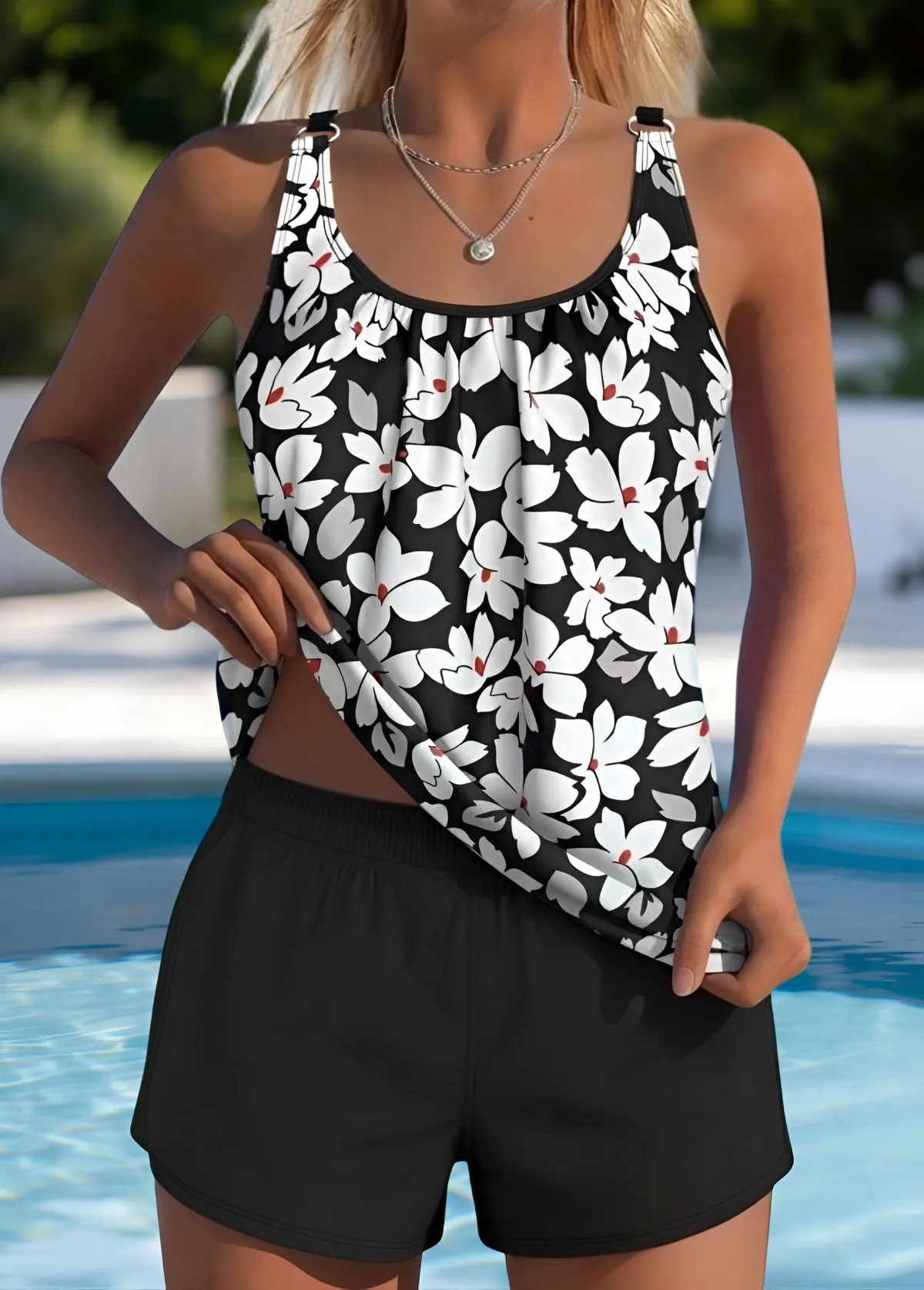 Floral High Neck Tankini Set With High Waist Blue Short