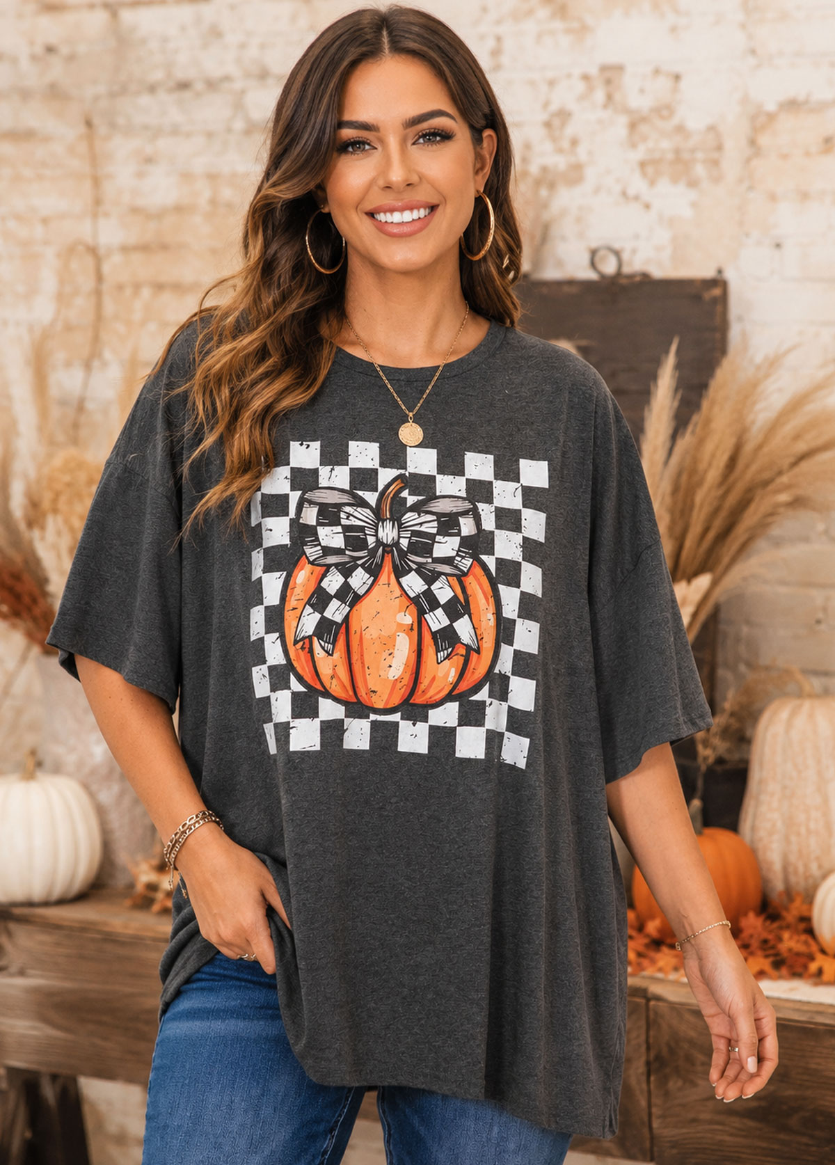 Women Checkered Pumpkin Bow Oversized T-Shirt
