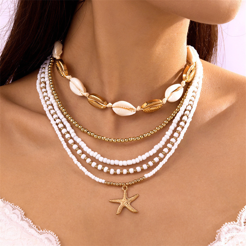 Boho Beaded Seashell Choker Adjustable Pearl Starfish Beach Necklace