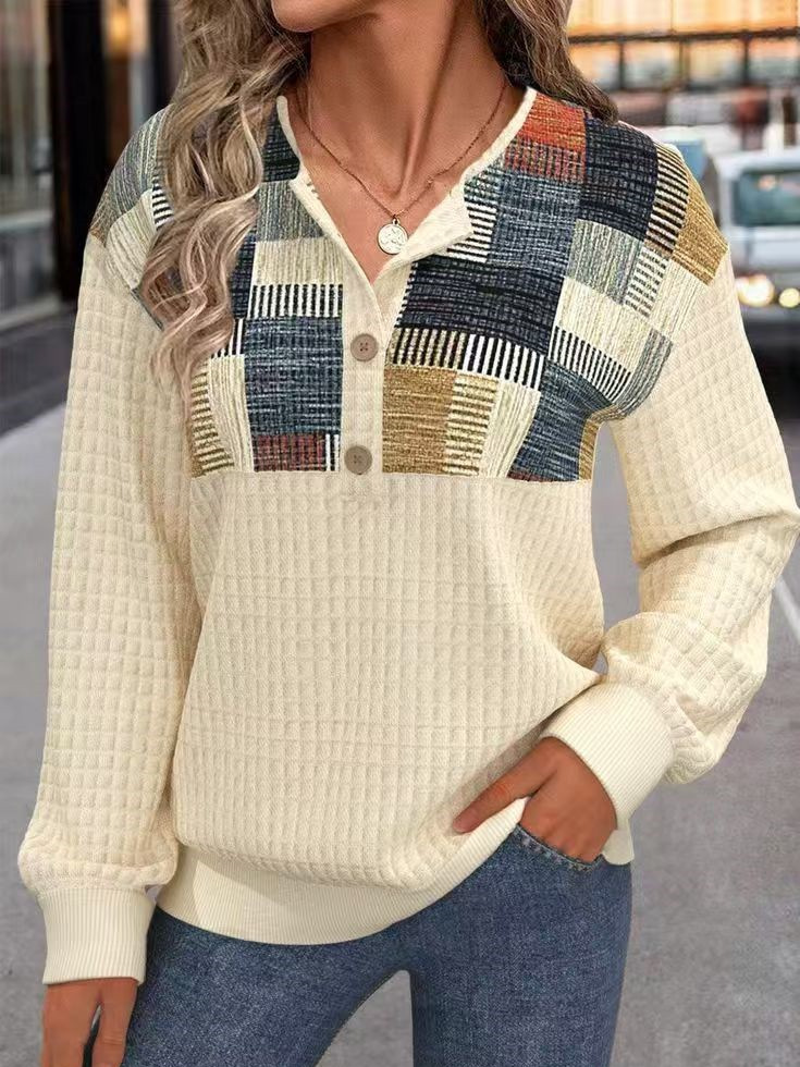 Button Geometric Print Long Sleeve Sweatshirt