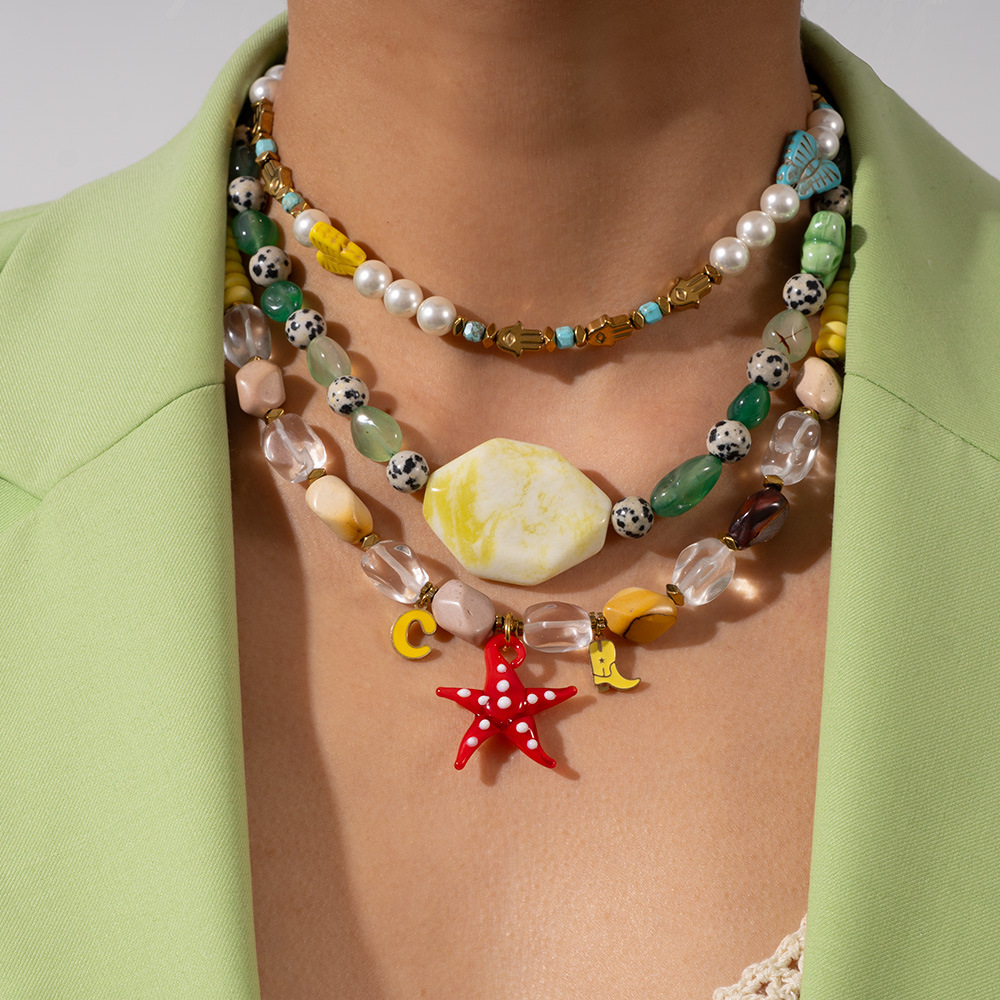 Seaside Beach Wind Colorful Natural Stone Starfish Stainless Steel Pendant Women's Necklace