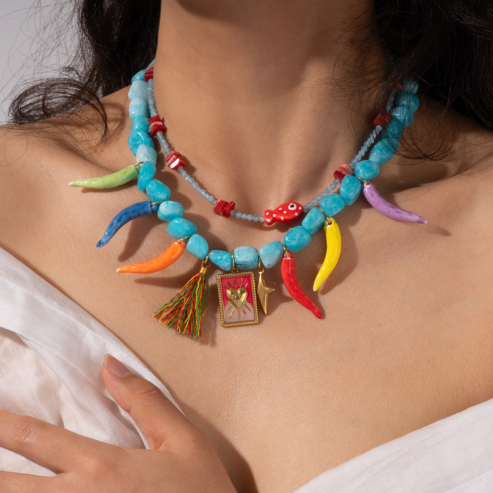 Colorful Chili Natural Stone Bead Pendant Necklace 