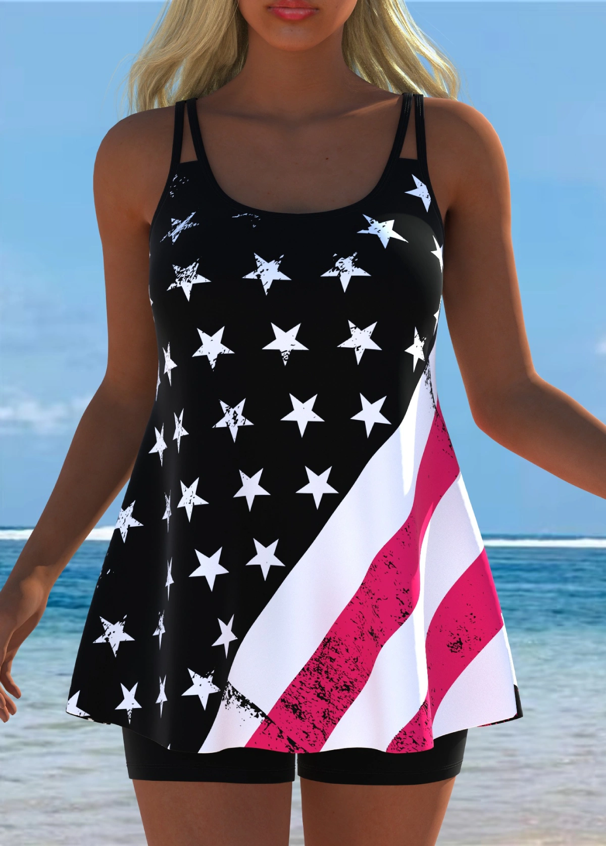 Mid Waisted Flag Print Tankini Set