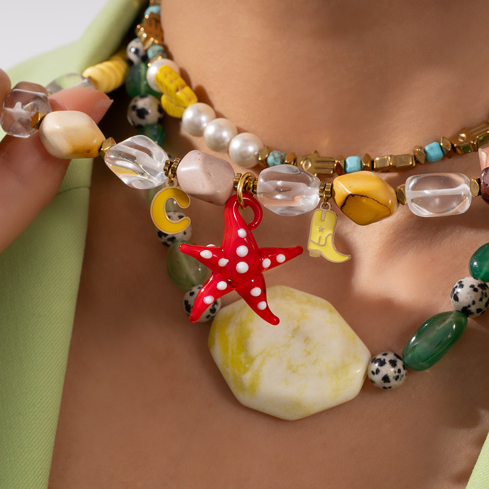 Seaside Beach Wind Colorful Natural Stone Starfish Stainless Steel Pendant Women's Necklace