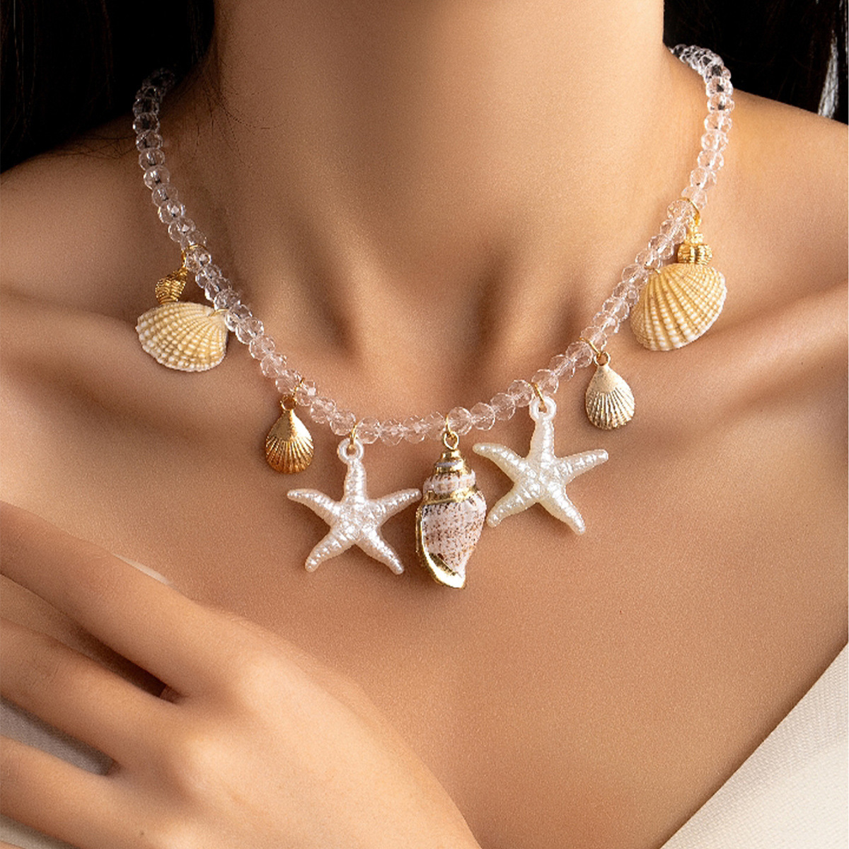 Bohemian Beach Shell Starfish Conch Pendant Necklace