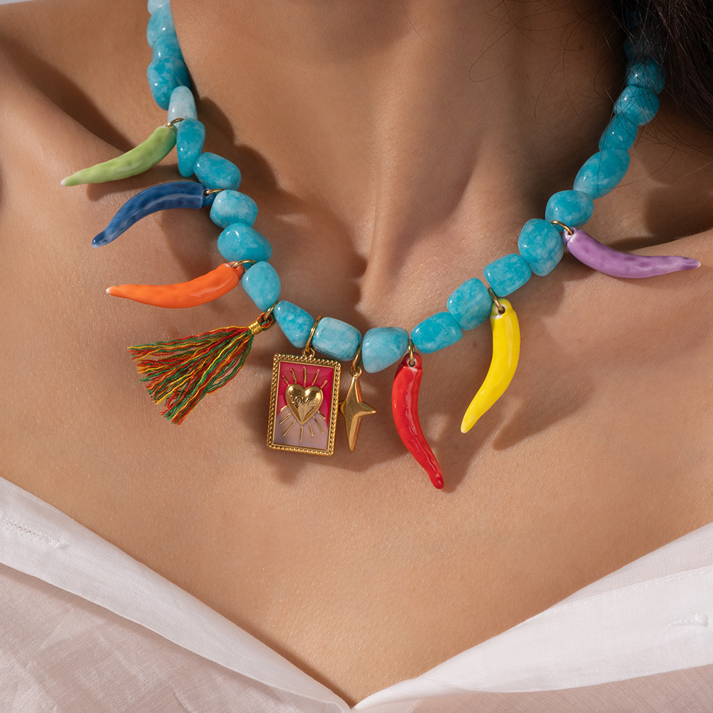 Colorful Chili Natural Stone Bead Pendant Necklace 