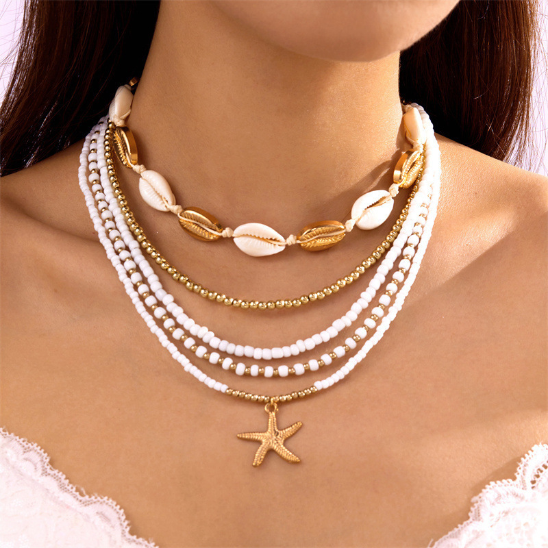 Boho Beaded Seashell Choker Adjustable Pearl Starfish Beach Necklace