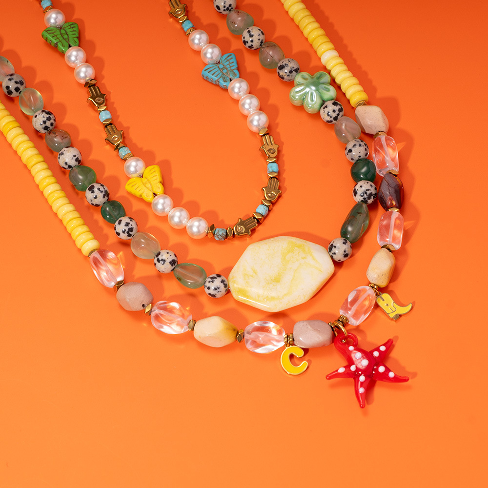 Seaside Beach Wind Colorful Natural Stone Starfish Stainless Steel Pendant Women's Necklace