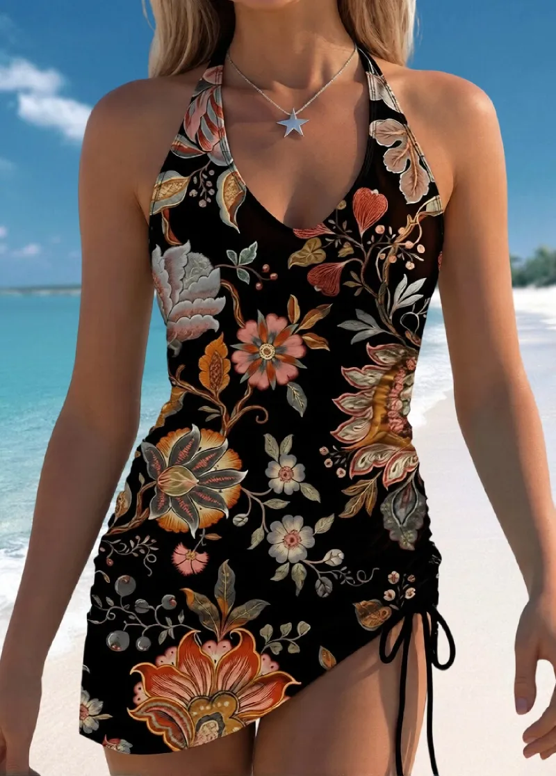 Floral Print Drawstring Side Tankini Set