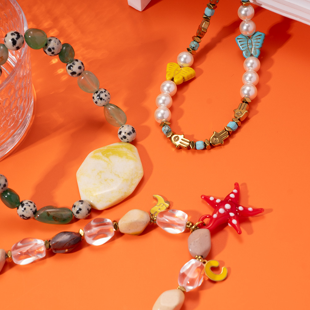 Seaside Beach Wind Colorful Natural Stone Starfish Stainless Steel Pendant Women's Necklace