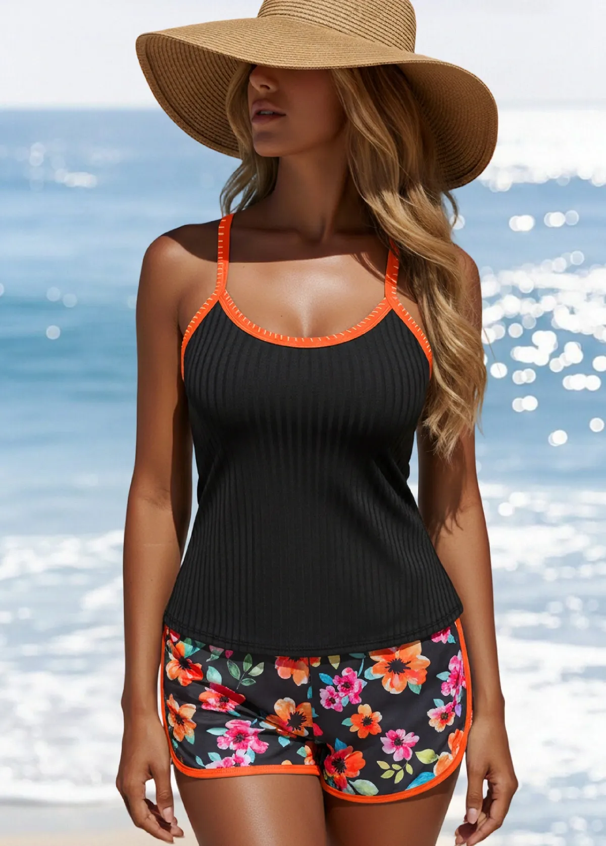 Tummy Coverage Mid Waisted Floral Print Tankini Set