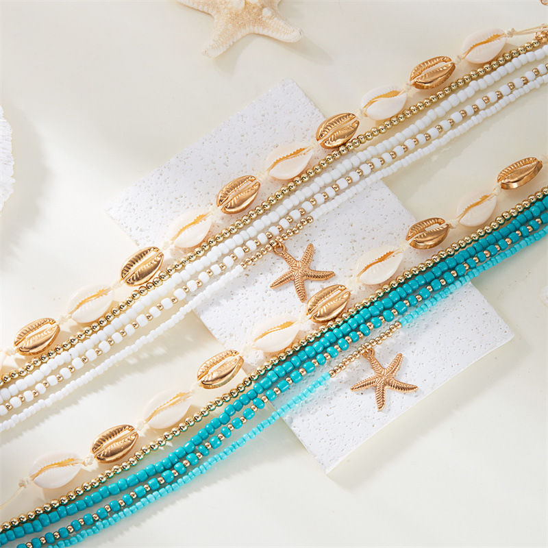 Boho Beaded Seashell Choker Adjustable Pearl Starfish Beach Necklace