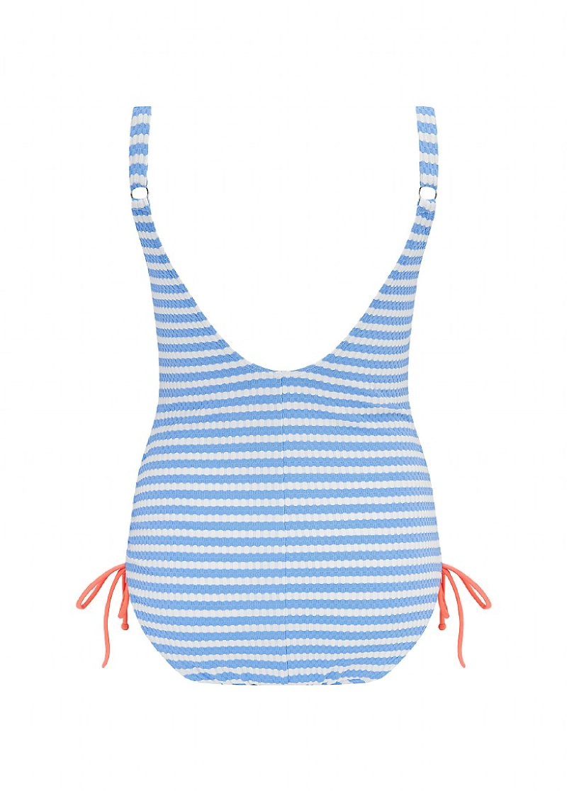   Drawstring Classic  Blue&White Stripes One Piece Swimwear
