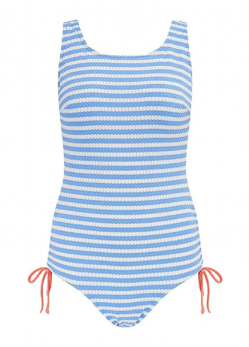   Drawstring Classic  Blue&White Stripes One Piece Swimwear