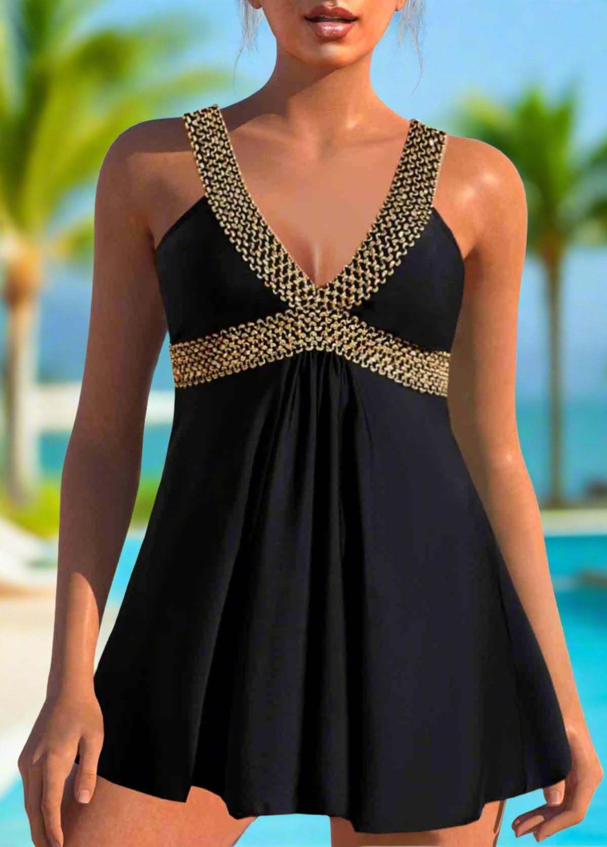 Patchwork Wide Strap Swimdress Set