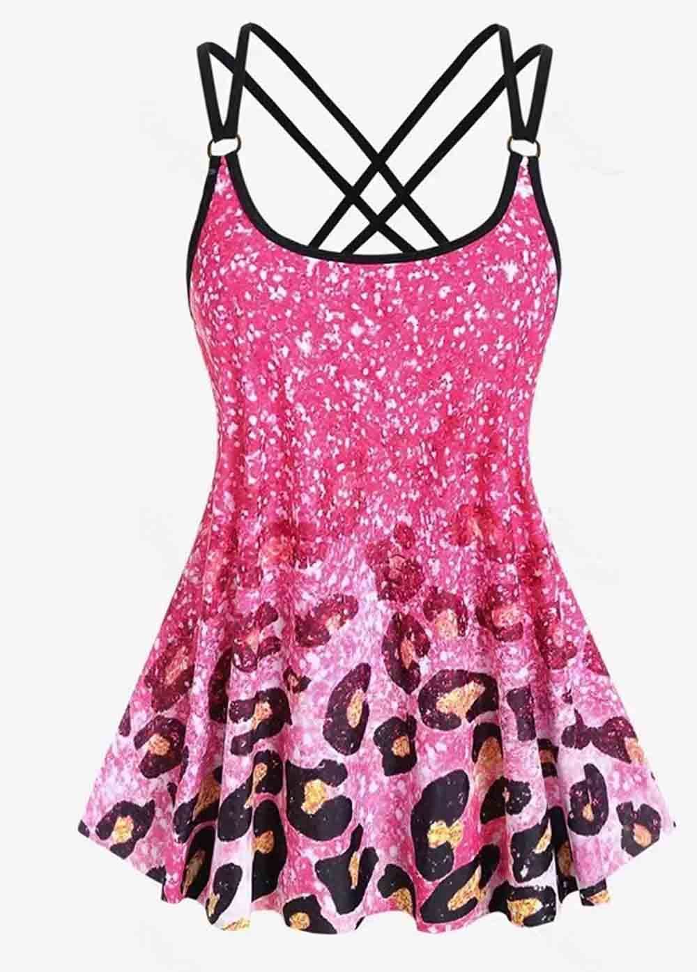 Tie Dye Leopard Print Crisscross Back Ruffle  One Piece Swimsuit 