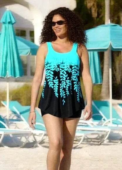 Tropical Leaf Print with Ruffled Tank Top and Shorts