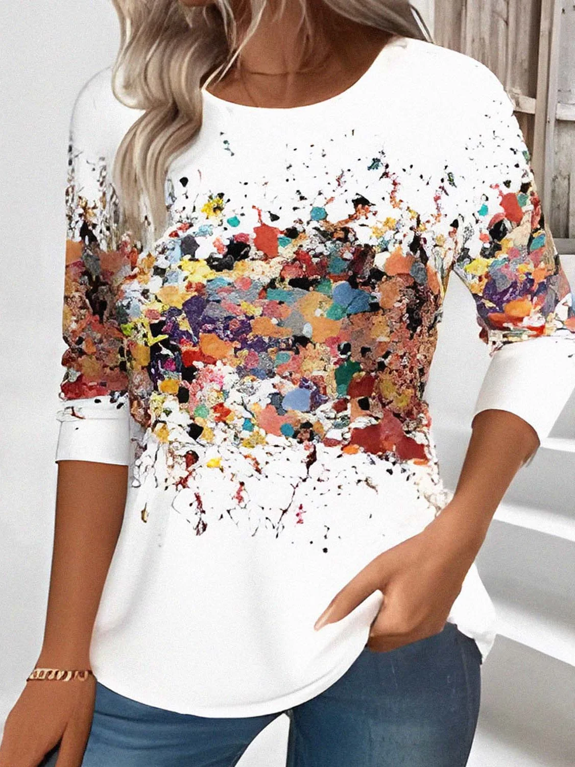 Vintage Floral Printing Crew Neck Long Sleeve T-shirt