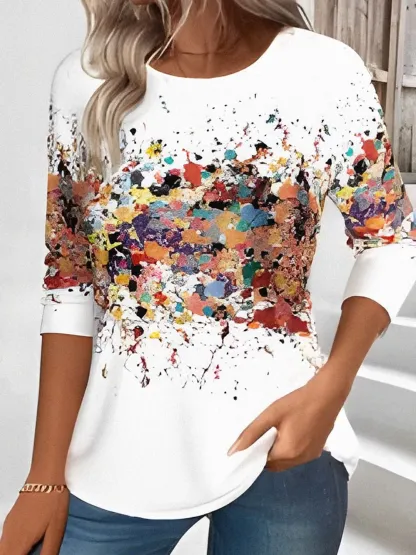 Vintage Floral Printing Crew Neck Long Sleeve T-shirt