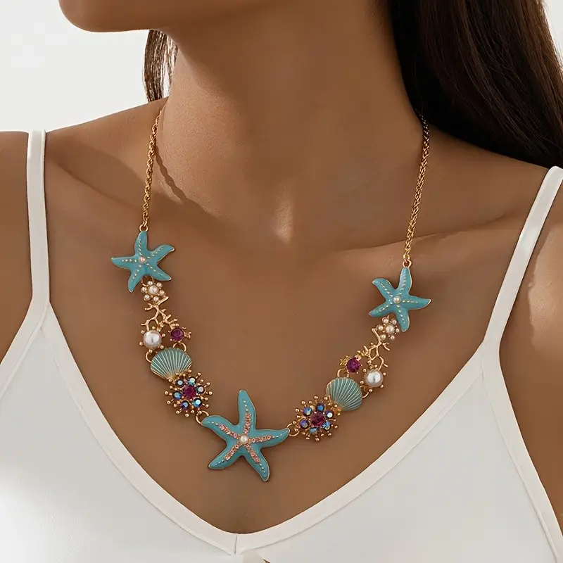 Chic Beach-Inspired Enamel Starfish & Coral Necklace