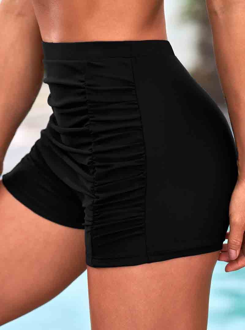 Ruched High Waisted Black Swim Shorts