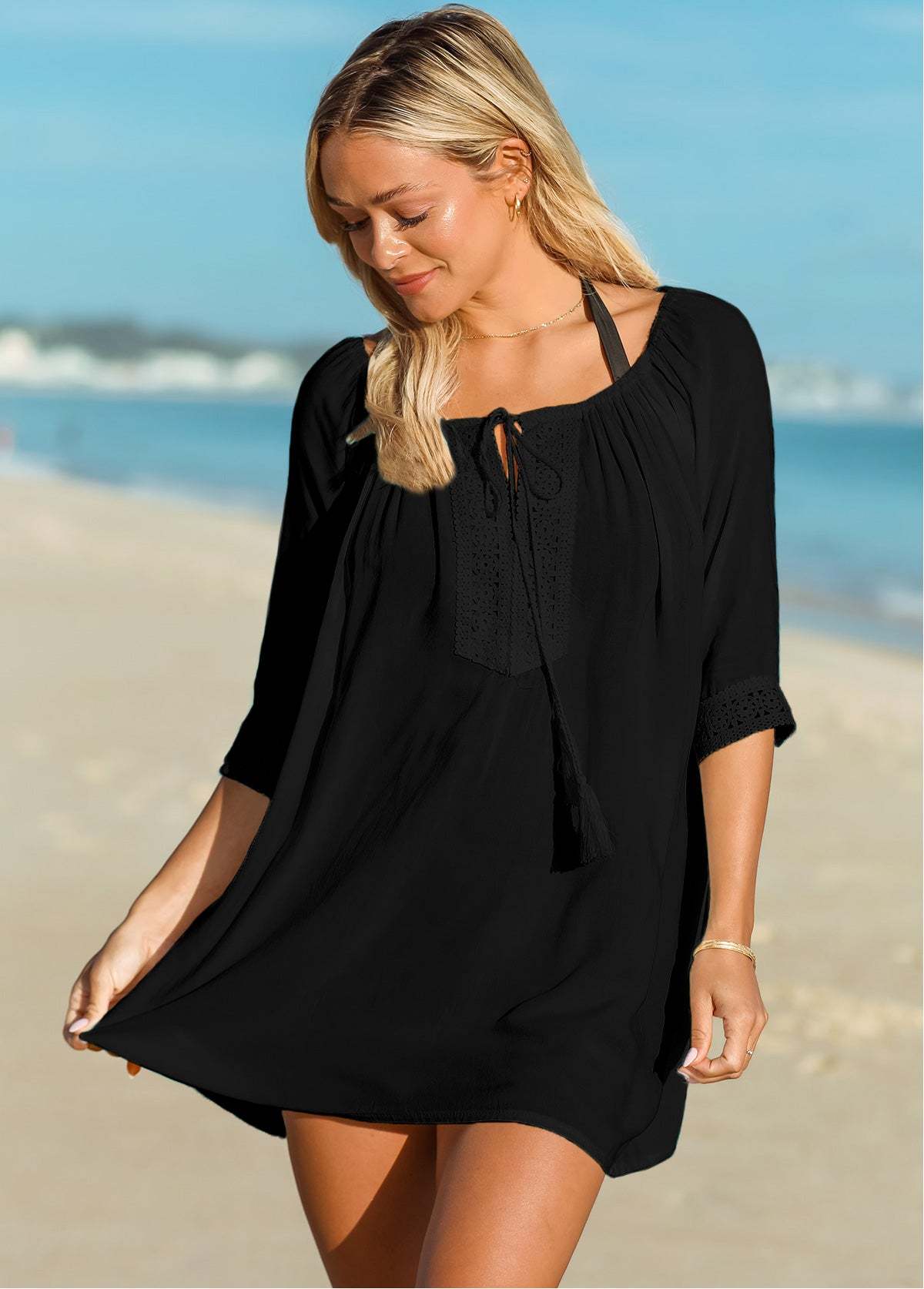 Tassel Tie Lace Stitching Cover Up