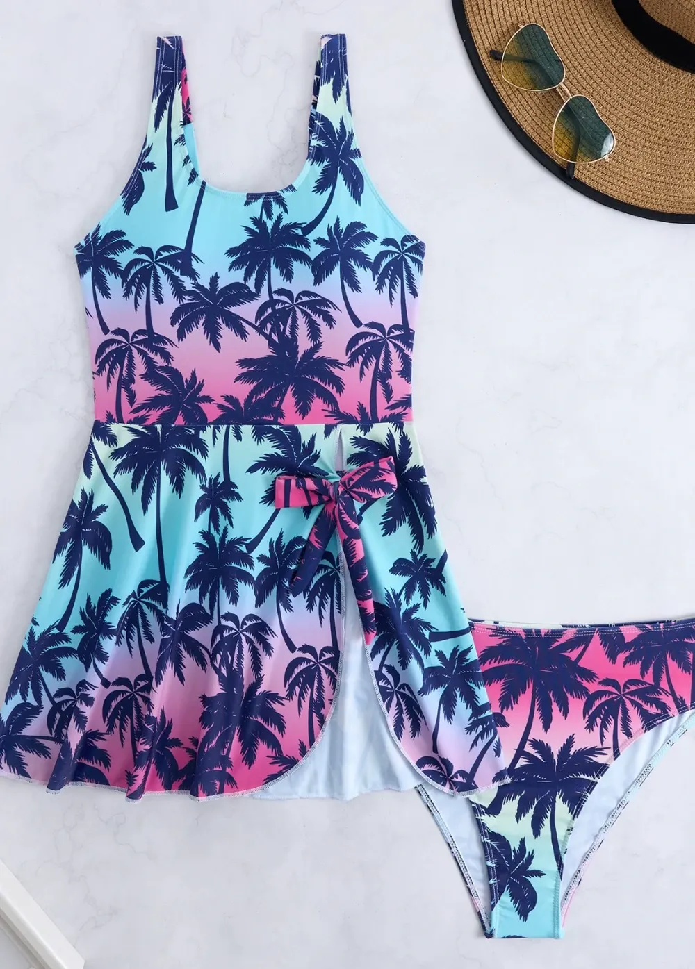 Tropical Hawaiian Palm Print Beach Swimdress Set