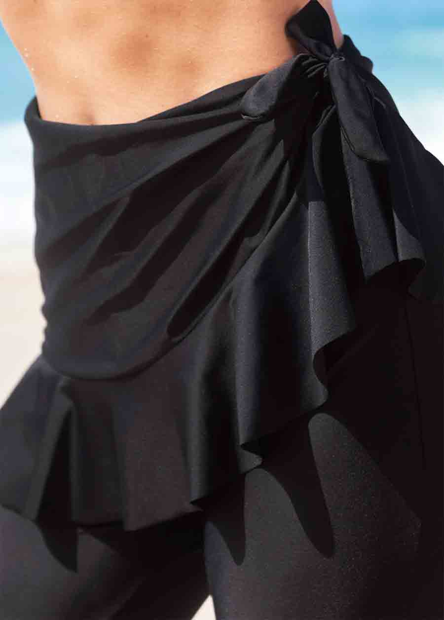Black Ruffle Wrap Tie Side Capri Swim Leggings