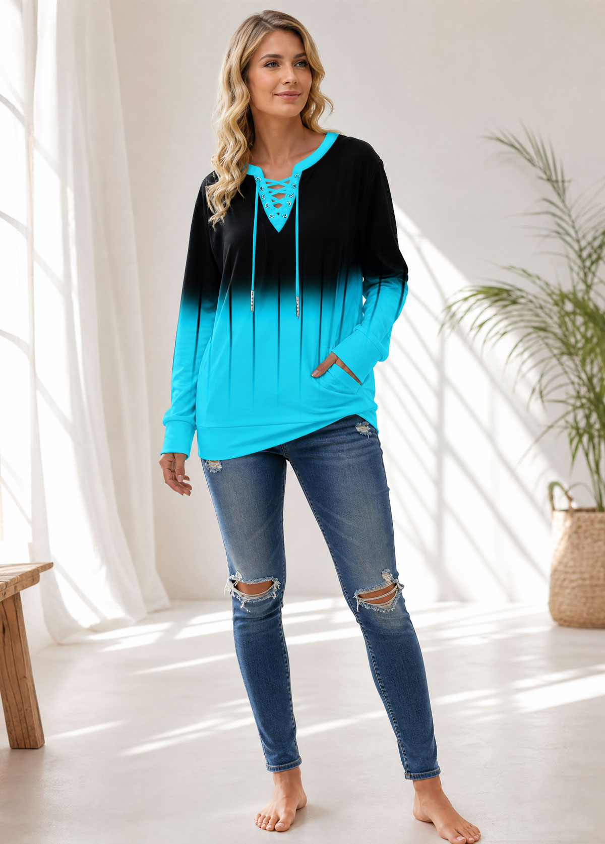 Ombre Lace‑Up V Neck Long Sleeve Top With Pockets