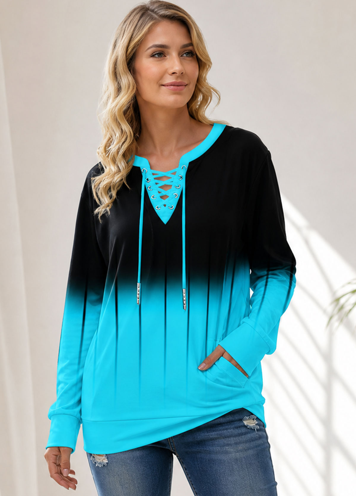 Ombre Lace‑Up V Neck Long Sleeve Top With Pockets