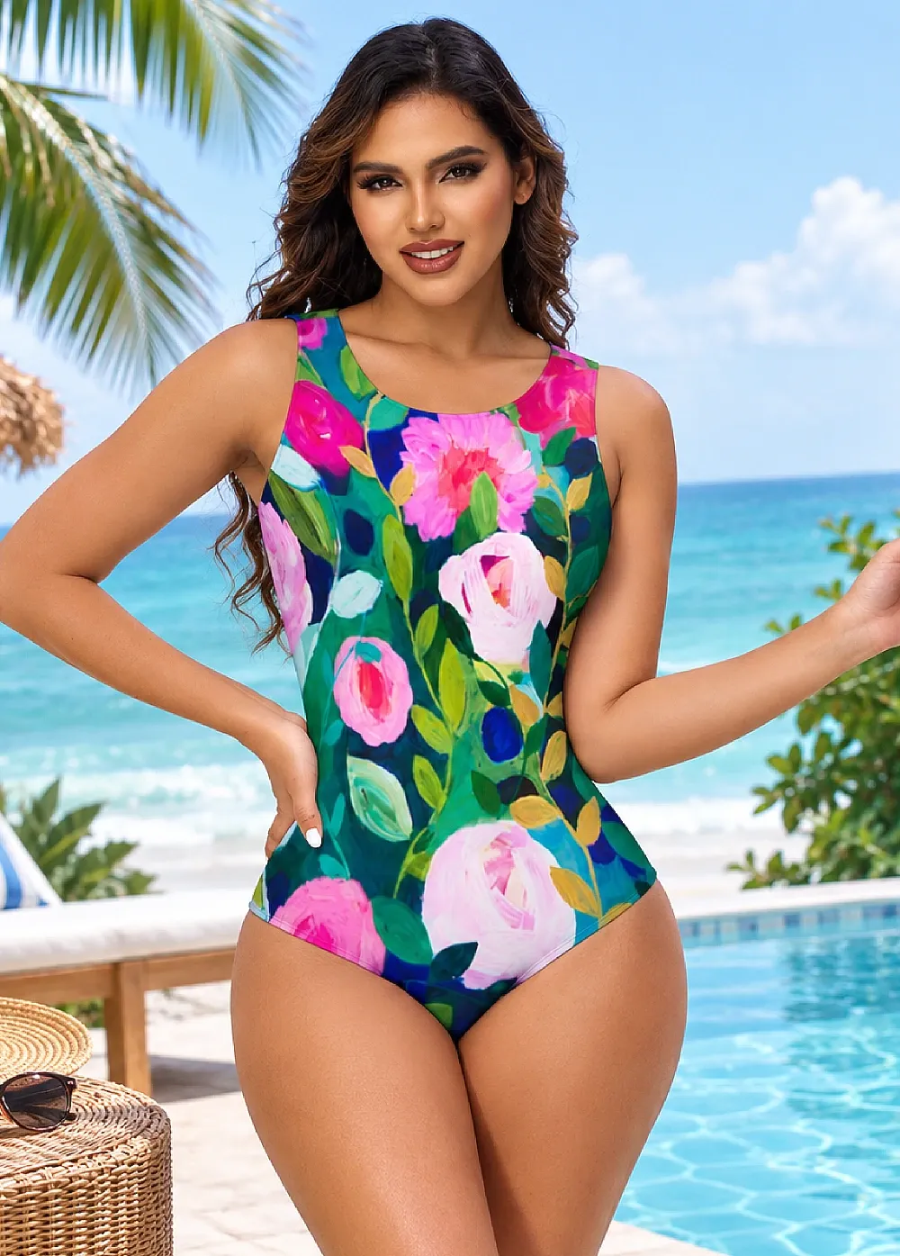 Retro Tropical Floral Print Zip-Back One-Piece Swimsuit