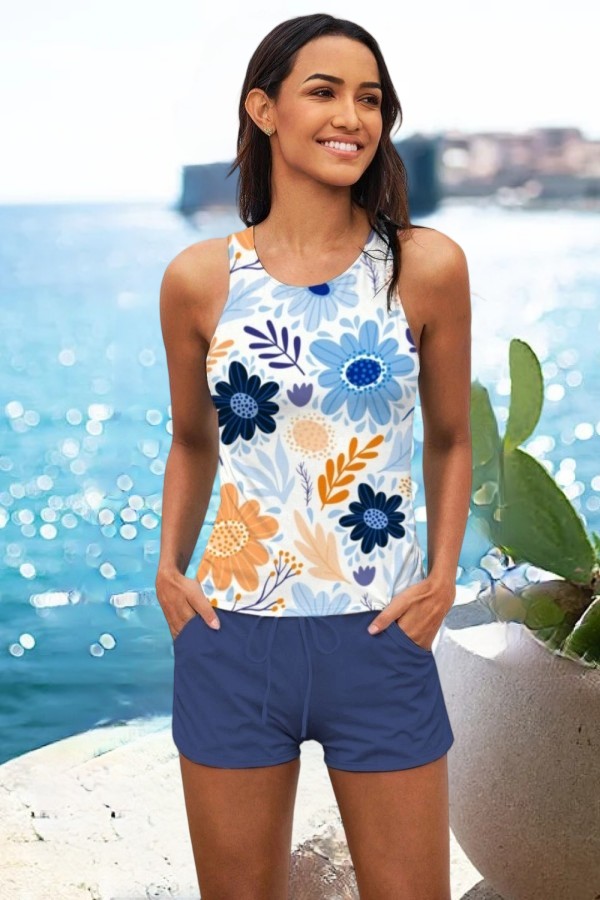 Floral High Neck Tankini Set With High Waist Blue Short 