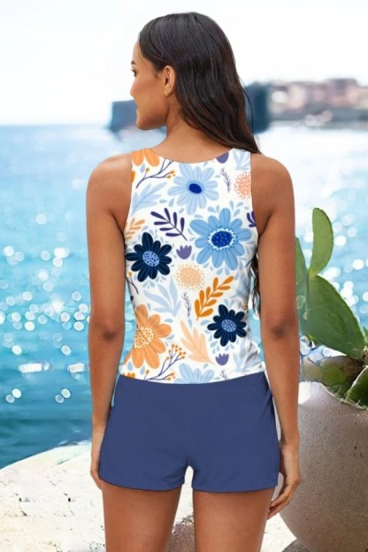 Floral High Neck Tankini Set With High Waist Blue Short 