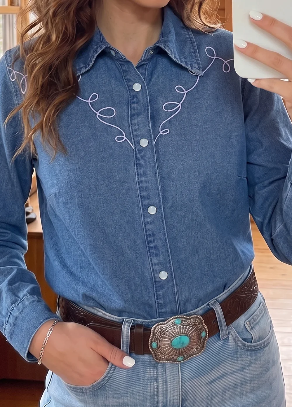 Dusk Blue Western Embroidered Collar Long Sleeve Denim Shirt