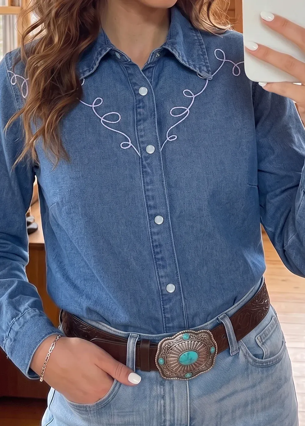 Dusk Blue Western Embroidered Collar Long Sleeve Denim Shirt