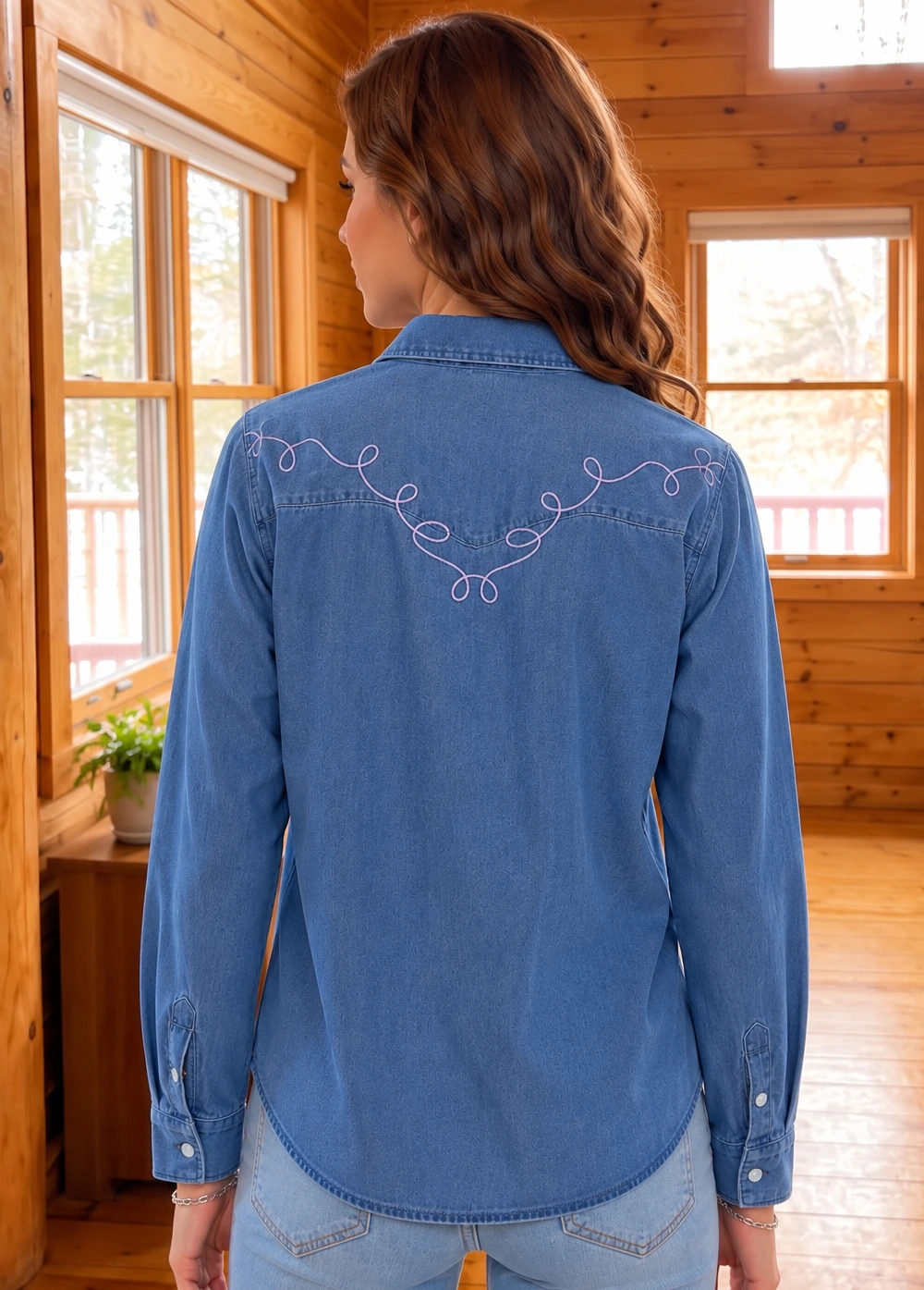 Dusk Blue Western Embroidered Collar Long Sleeve Denim Shirt