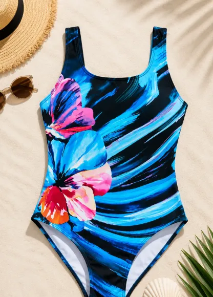 Vibrant Tropical Floral Print One-Piece Swimsuit