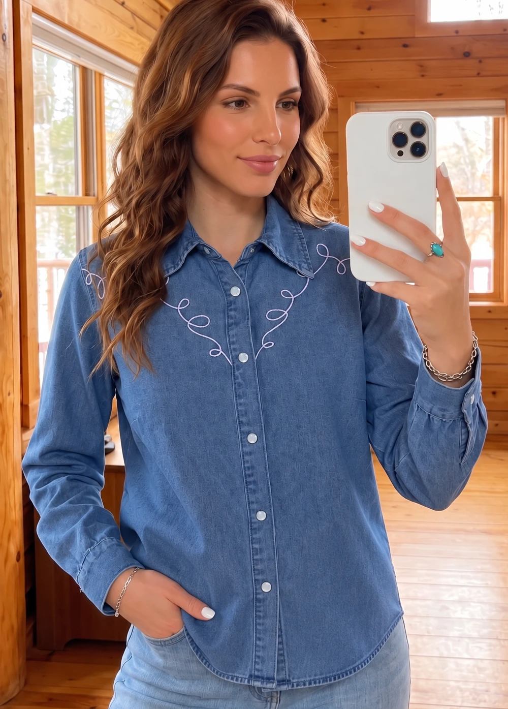 Dusk Blue Western Embroidered Collar Long Sleeve Denim Shirt