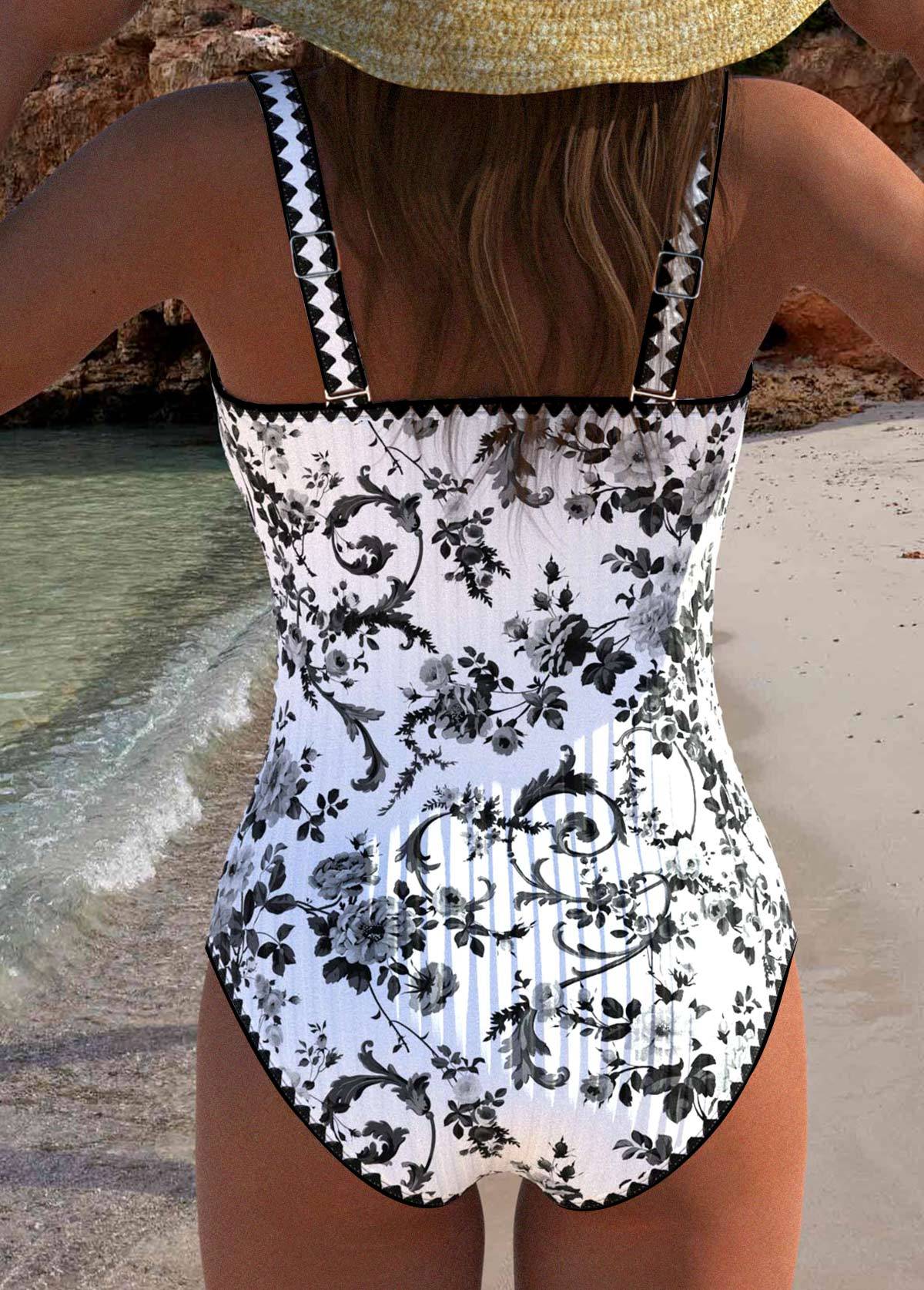 Drawstring Random Floral Print One Piece Swimwear